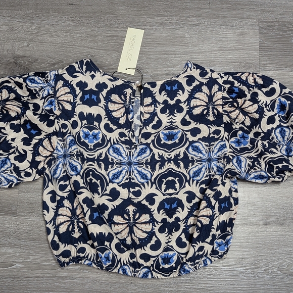 NWT Rachel Zoe Puff Sleeve Crop Top Elastic Hem Blue Batik Floral size M - Picture 9 of 11